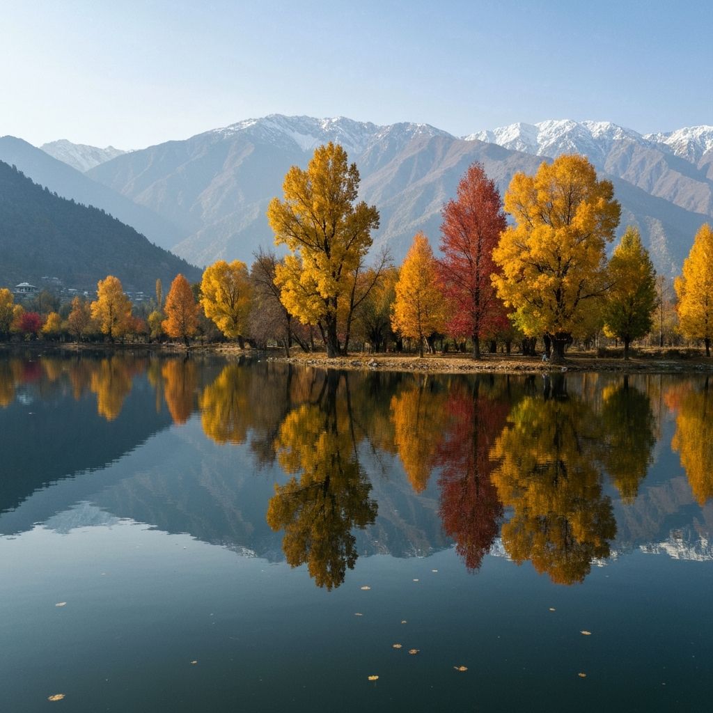 Autumn chinar trees reflecting in Dal Lake
